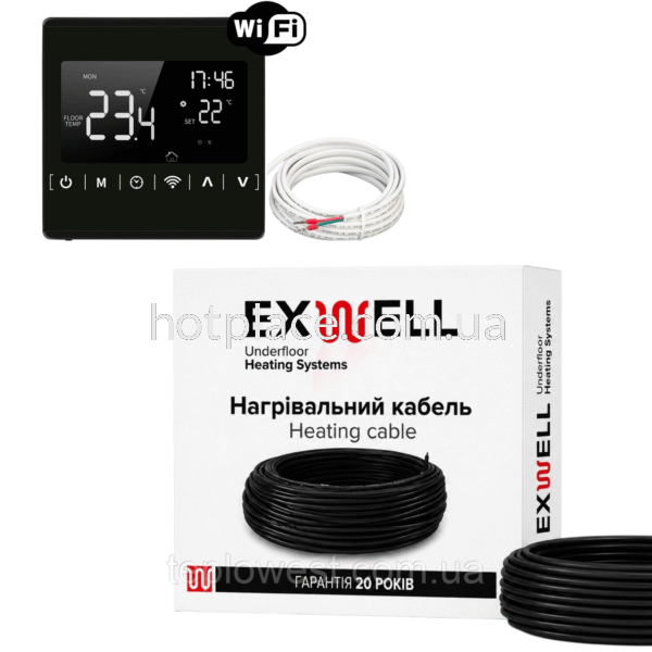 Нагрівальний кабель Exwell 75м 1500Вт з терморегулятором Ecoset 1823 Wi-Fi для теплої підлоги під плитку, в стяжку, під ламінат