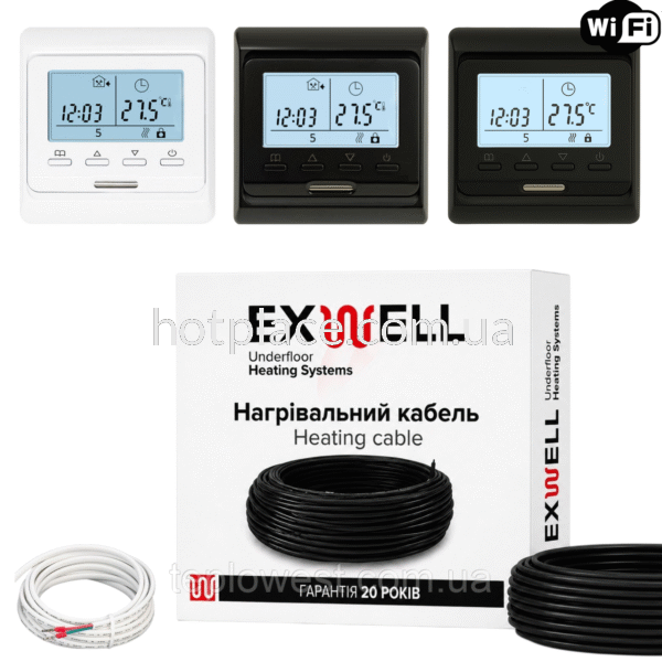 Нагрівальний кабель Exwell 21м 420Вт з терморегулятором Ecoset Е51 Wi-Fi для теплої підлоги під плитку, в стяжку, під ламінат