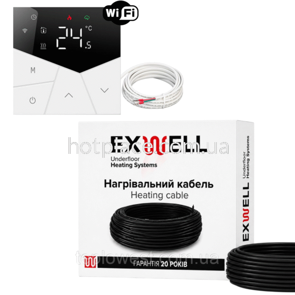 Нагрівальний кабель Exwell 7м 140Вт з терморегулятором Ecoset TGP55 Wi-Fi для теплої підлоги під плитку, в стяжку, під ламінат