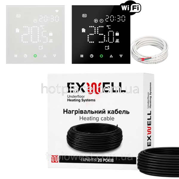 Нагрівальний кабель Exwell 42м 840Вт з терморегулятором Ecoset PWT 003 Wi-Fi для теплої підлоги під плитку, в стяжку, під ламінат