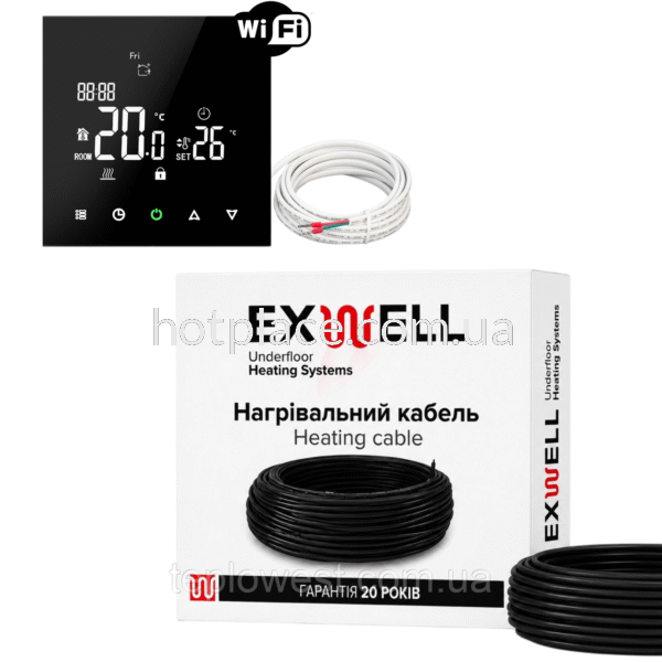 Нагрівальний кабель Exwell 53м 1060Вт з терморегулятором Ecoset PWT 004 Wi-Fi для теплої підлоги під плитку, в стяжку, під ламінат