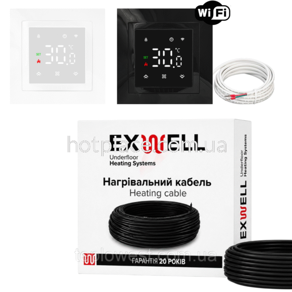 Нагрівальний кабель Exwell 65м 1300Вт з терморегулятором Ecoset PWT 005 Wi-Fi для теплої підлоги під плитку, в стяжку, під ламінат
