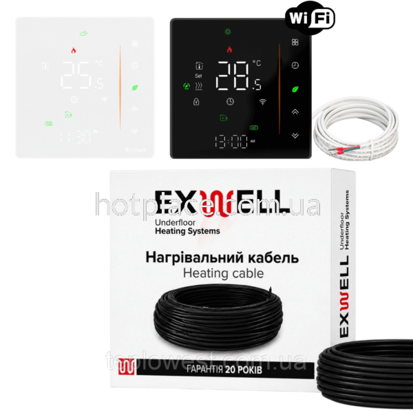 Нагрівальний кабель Exwell 75м 1500Вт з терморегулятором Ecoset PWT 006 Wi-Fi для теплої підлоги під плитку, в стяжку, під ламінат
