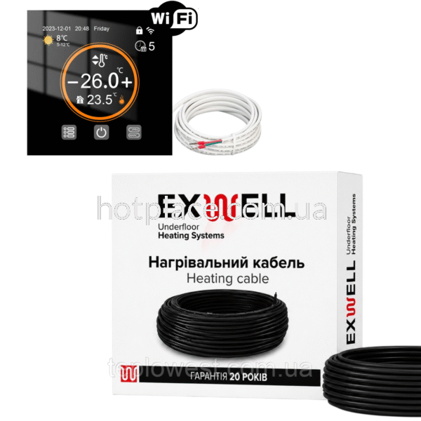 Нагрівальний кабель Exwell 120м 2400Вт з терморегулятором Ecoset PWT 007 Wi-Fi для теплої підлоги під плитку, в стяжку, під