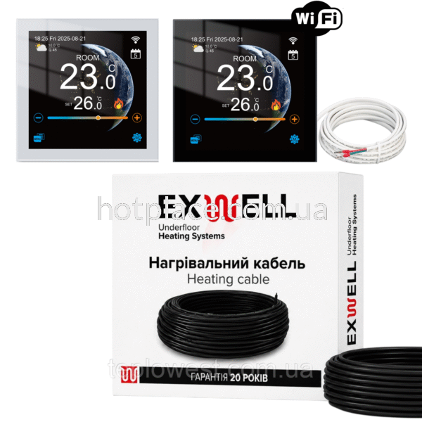 Нагрівальний кабель Exwell 85м 1700Вт з терморегулятором Ecoset PWT 008 Wi-Fi для теплої підлоги під плитку, в стяжку, під ламінат
